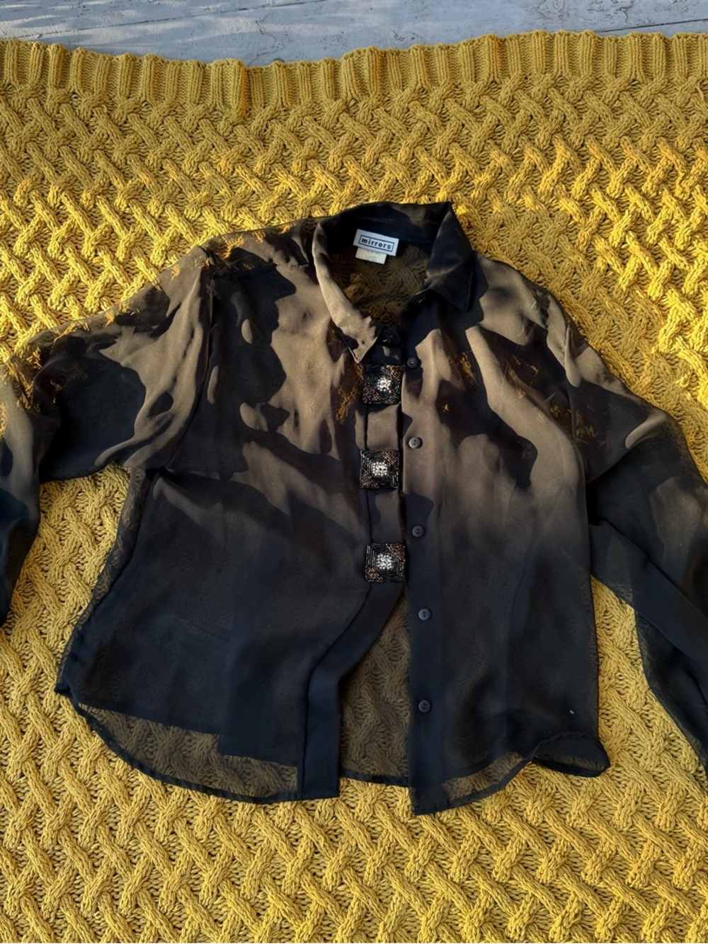 Vintage Mirrors Black Sheer Mesh Shirt Women's Size Large Beaded Buttons Goth 90